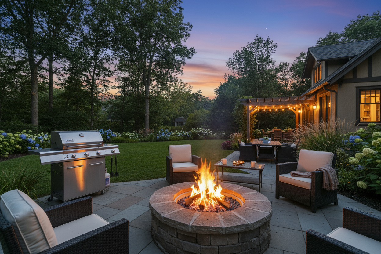 fire pit out in the back yard with a barbeqe